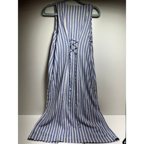 Old Navy Women’s Linen Dress Midi Button Up Blue Striped Sz L Pockets Coastal - Picture 7 of 7